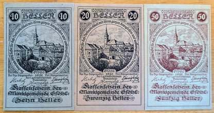 1920 Gfohl Austria 10, 20, 50 Heller Notgeld Complete Set - WWI Austrian Notgeld - 1920 Austria Emergency Note Full Denomination Set