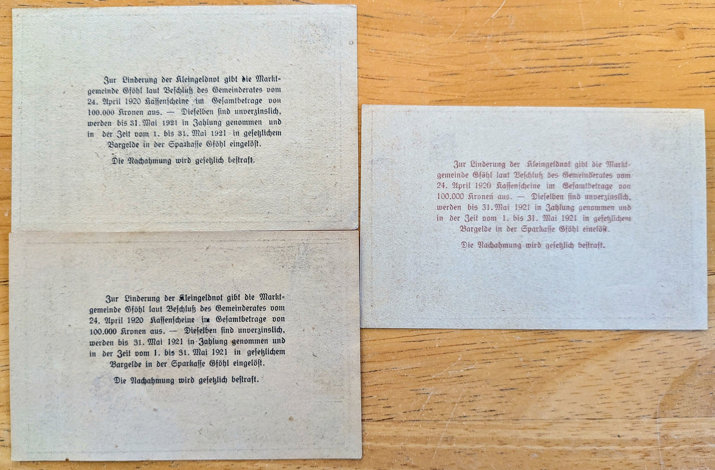 1920 Gfohl Austria 10, 20, 50 Heller Notgeld Complete Set - WWI Austrian Notgeld - 1920 Austria Emergency Note Full Denomination Set