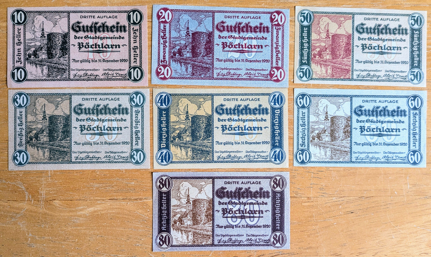 Rare 1920 Pochlarn Austria Heller Notgeld Complete Set - 10, 20, 30, 40, 50, 60, 80 Heller - 1920 Austria Emergency Note Full Heller Set