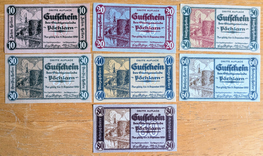 Rare 1920 Pochlarn Austria Heller Notgeld Complete Set - 10, 20, 30, 40, 50, 60, 80 Heller - 1920 Austria Emergency Note Full Heller Set