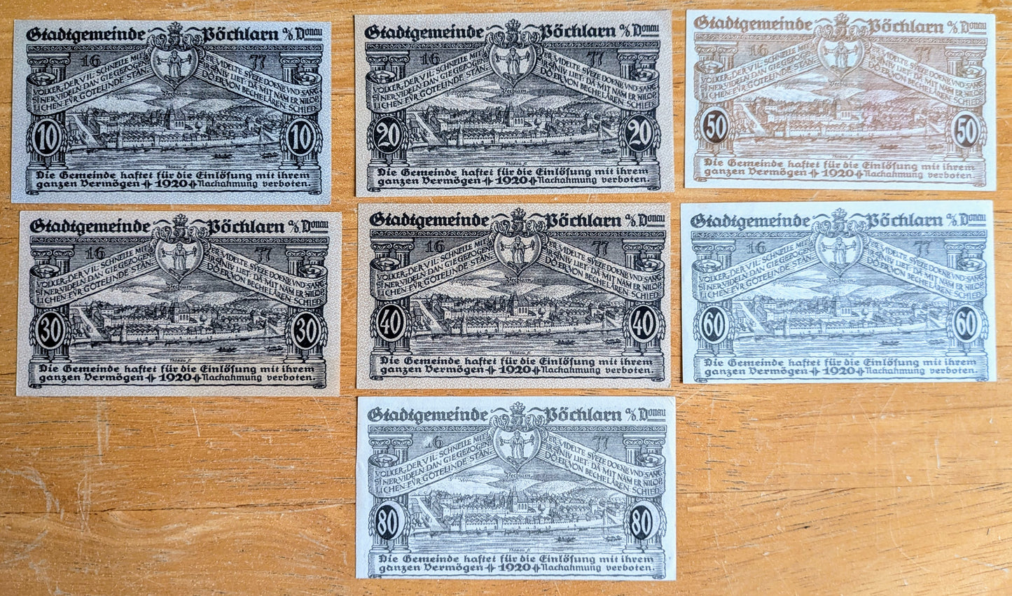 Rare 1920 Pochlarn Austria Heller Notgeld Complete Set - 10, 20, 30, 40, 50, 60, 80 Heller - 1920 Austria Emergency Note Full Heller Set