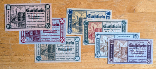 Rare 1920 Pochlarn Austria Heller Notgeld Complete Set - 10, 20, 30, 40, 50, 60, 80 Heller - 1920 Austria Emergency Note Full Heller Set
