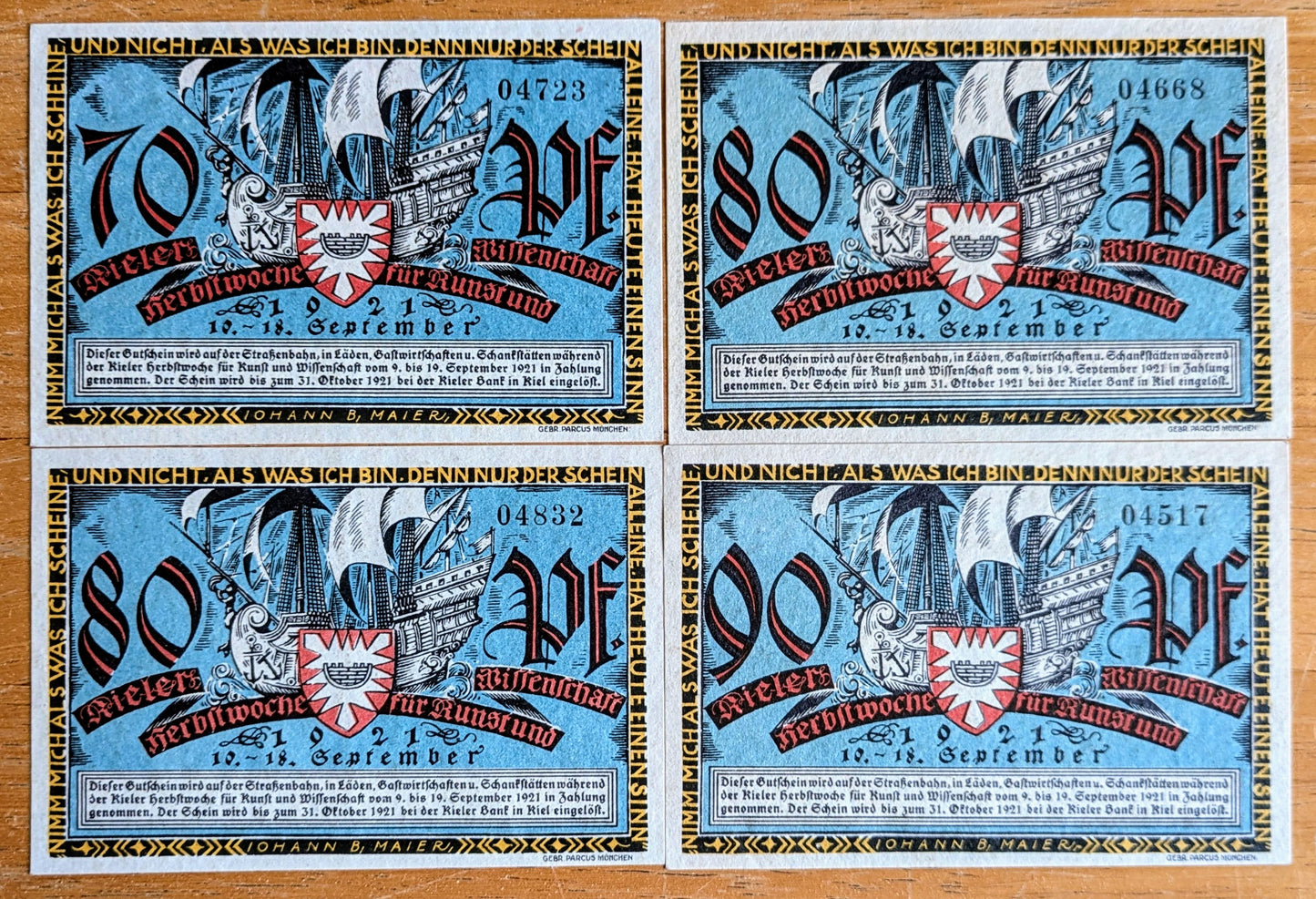 1921 Kiel Autumn Week Germany 70, 80, 90 Pfennig Notgeld Set - German Emergency Currency - 1921 German Herbstwoche Note Set