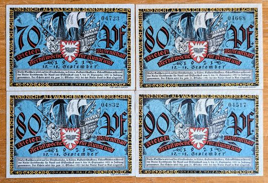 1921 Kiel Autumn Week Germany 70, 80, 90 Pfennig Notgeld Set - German Emergency Currency - 1921 German Herbstwoche Note Set