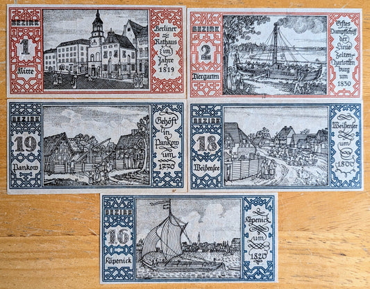 1921 Berlin Germany 50 Pfennig Notgeld Set - Set of 5, Landscapes Series - German Emergency Currency - 1921 German Fifty Pfennig Note Set
