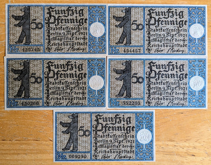 1921 Berlin Germany 50 Pfennig Notgeld Set - Set of 5, Landscapes Series - German Emergency Currency - 1921 German Fifty Pfennig Note Set