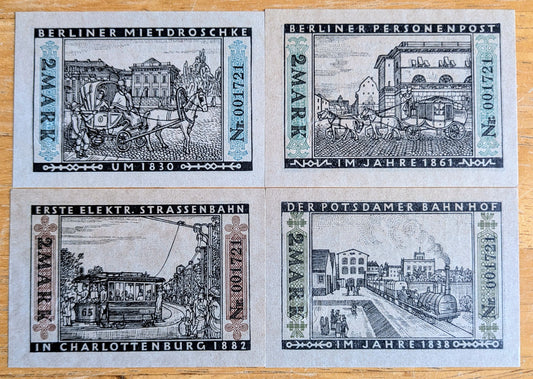 1922 Berlin Germany 2 Mark Notgeld Set - Set of 4, Transportation Series - German Emergency Currency - 1922 German Two Marks Note Set