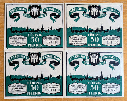 1921 Kitzingen Germany 50 Pfennig Notgeld Set - Set of 4 Different Backs - German Emergency Currency - 1921 German Fifty Pfennig Note Set