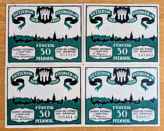 1921 Kitzingen Germany 50 Pfennig Notgeld Set - Set of 4 Different Backs - German Emergency Currency - 1921 German Fifty Pfennig Note Set