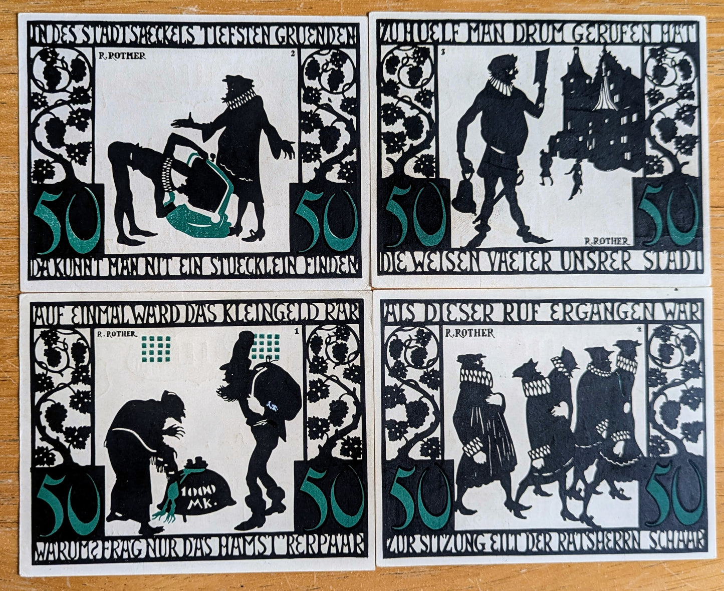 1921 Kitzingen Germany 50 Pfennig Notgeld Set - Set of 4 Different Backs - German Emergency Currency - 1921 German Fifty Pfennig Note Set