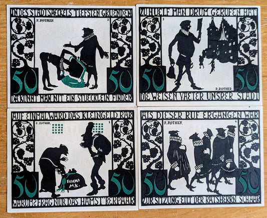 1921 Kitzingen Germany 50 Pfennig Notgeld Set - Set of 4 Different Backs - German Emergency Currency - 1921 German Fifty Pfennig Note Set