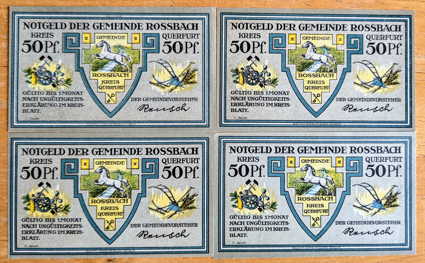 1921 Rossbach Germany 50 Pfennig Notgeld Set - Set of 4 Different Backs - German Emergency Currency - 1921 German Fifty Pfennig Note Set