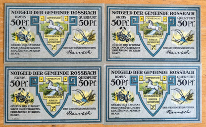 1921 Rossbach Germany 50 Pfennig Notgeld Set - Set of 4 Different Backs - German Emergency Currency - 1921 German Fifty Pfennig Note Set