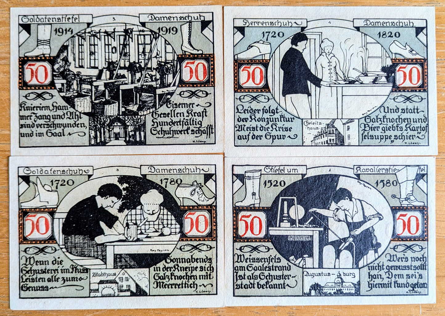 1921 Weissenfels Germany 50 Pfennig Notgeld Set - Shoemaking Series Set - German Emergency Currency - 1921 German Fifty Pfennig Note Set