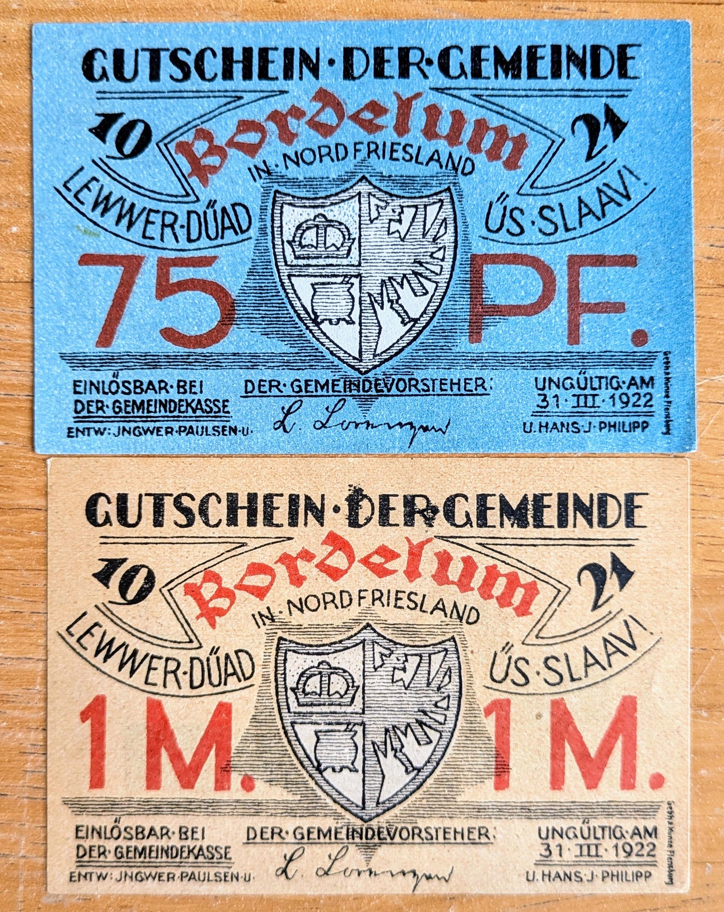 1922 Bordelum in Nordfriesland Germany Notgeld Set - 75 Pfennig and 1 Mark Set - Motto Series - 1922 German Emergency Pfennig Set