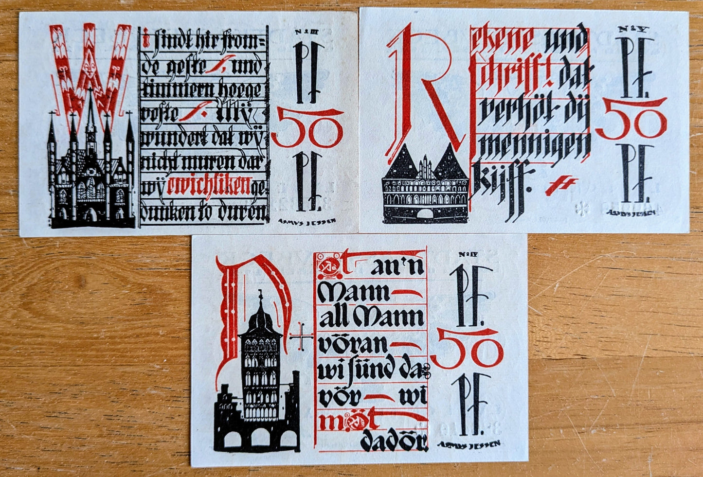 1921 Lubeck Germany 50 Pfennig Notgeld Set - Calligraphy Series, Nordic Week Stamp - 1921 German Emergency Half Mark Notes