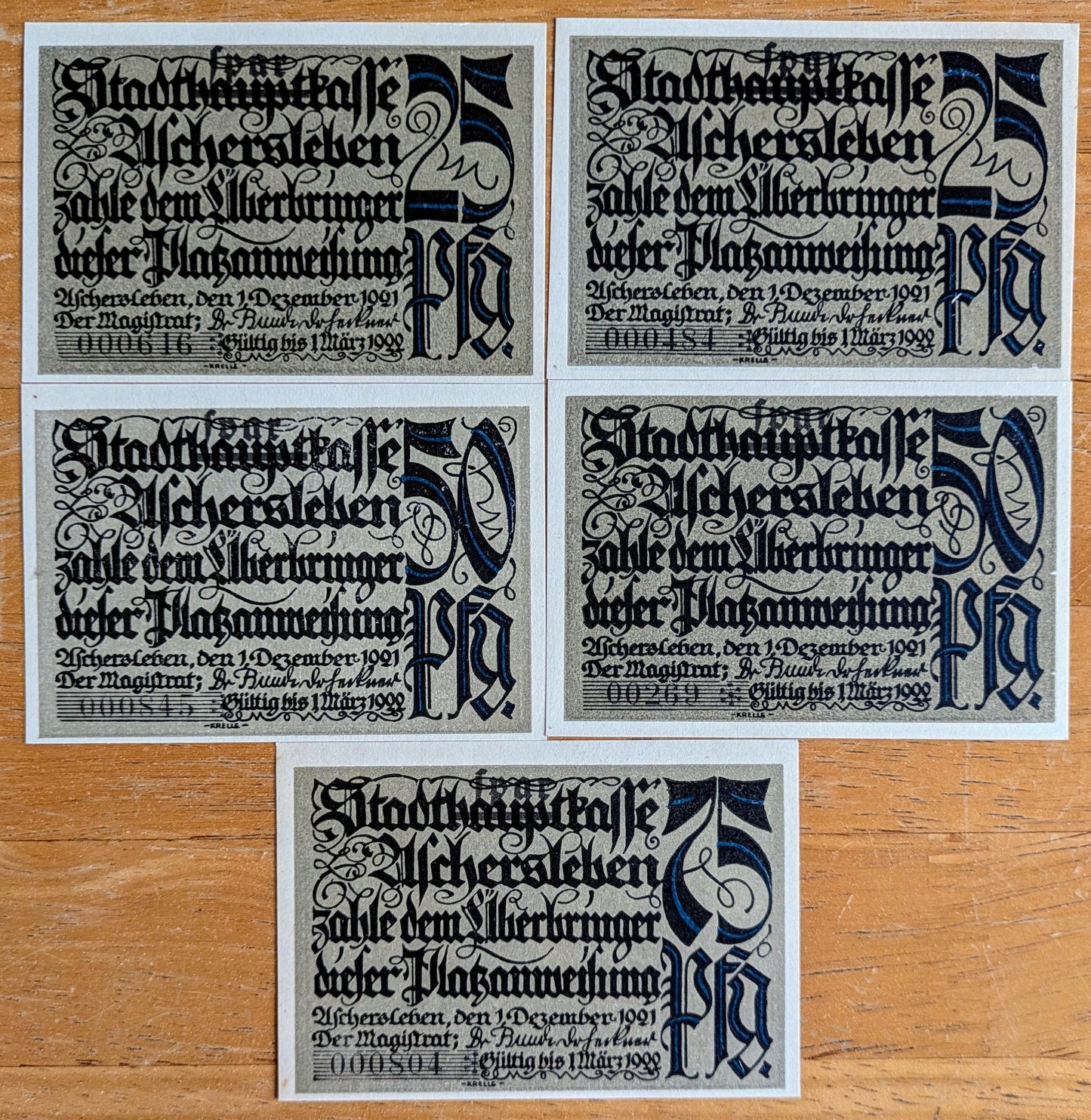 1921 Alchersleben German Pfennig Notgeld Set of 5 - Blue Print Series - 25, 50, 75 Pfennig - 1921 German Emergency Complete Notgeld Set