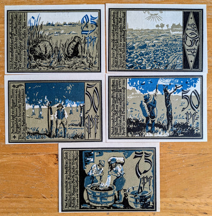 1921 Alchersleben German Pfennig Notgeld Set of 5 - Blue Print Series - 25, 50, 75 Pfennig - 1921 German Emergency Complete Notgeld Set