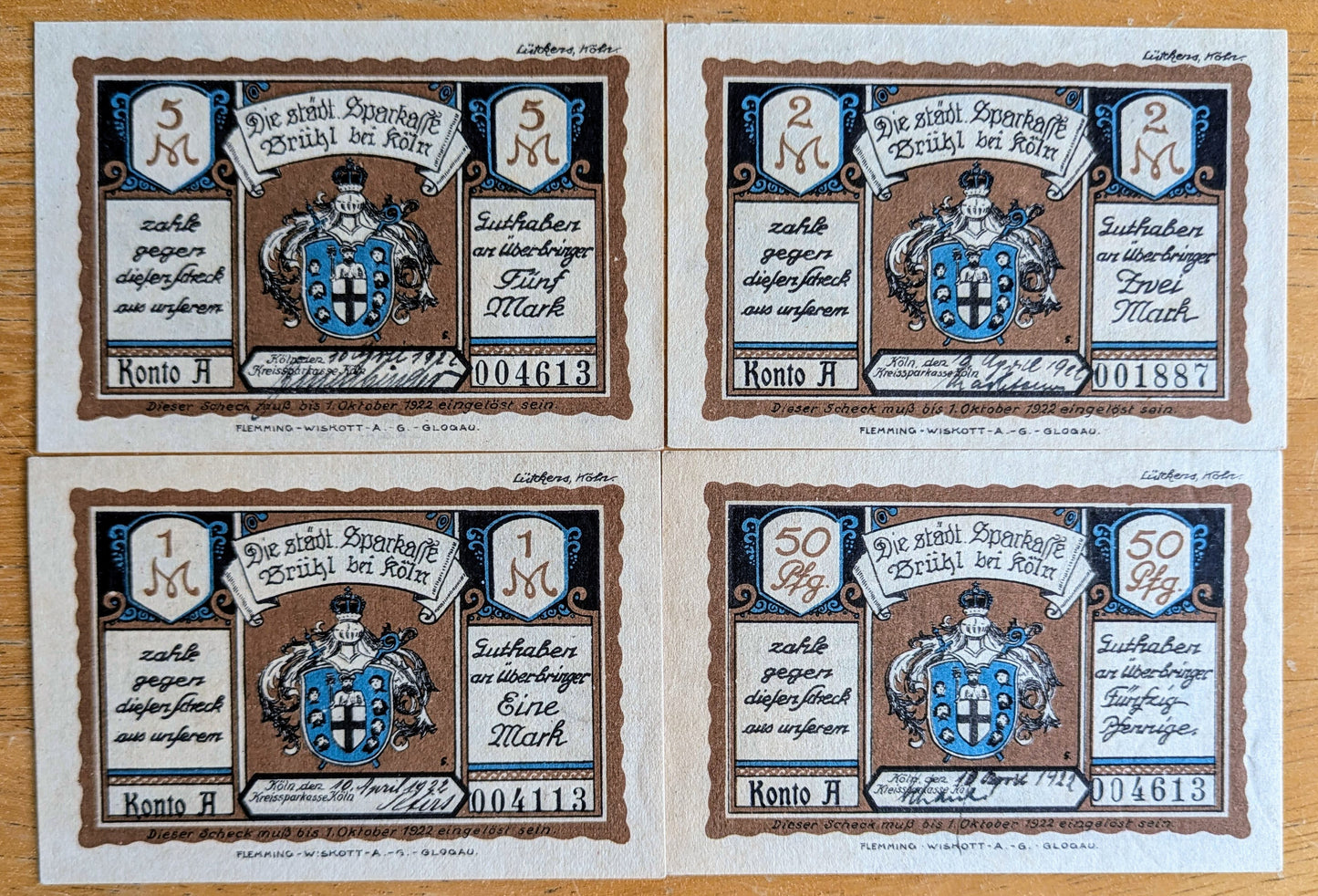 1921 Bruhl bei Koln Germany Notgeld Set of 4 - Handwritten Dates/Signatures - German Emergency Currency - 1921 German Note Series Set