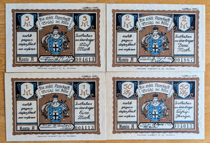 1921 Bruhl bei Koln Germany Notgeld Set of 4 - Handwritten Dates/Signatures - German Emergency Currency - 1921 German Note Series Set