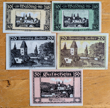 1920 Walding Austria 10, 20, 50 Heller Notgeld Complete Set - WWI Austrian Notgeld - 1920 Austria Emergency Note Full Denomination Set