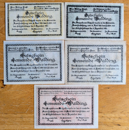 1920 Walding Austria 10, 20, 50 Heller Notgeld Complete Set - WWI Austrian Notgeld - 1920 Austria Emergency Note Full Denomination Set