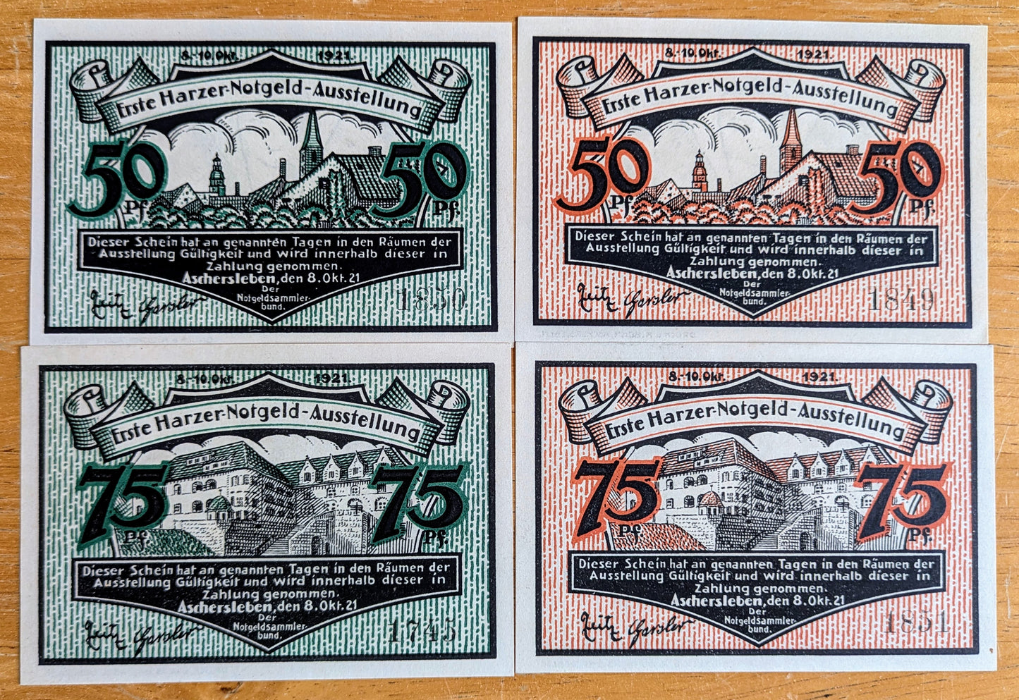 1921 Ausstellung Germany 50 and 75 Pfennig Notgeld Set - Red and Green Sets - German Emergency Currency - 1921 German Pfennig Note Set