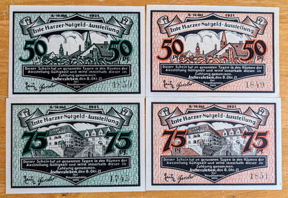 1921 Ausstellung Germany 50 and 75 Pfennig Notgeld Set - Red and Green Sets - German Emergency Currency - 1921 German Pfennig Note Set