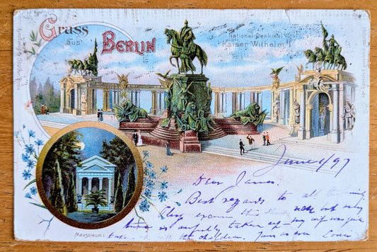 1897 Gruss aus Berlin Germany Multiview Monument Postcard - Kaiser Wilhelm I Statue - Antique Imperial German Berlin Lithograph Postcard