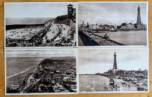 Lot of 4 1910s Blackpool England Sepia Type Photograph Postcards - Photochrom Co. - Antique Blackpool Pier Black and White Postcards