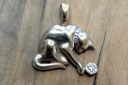 Diamond Accent Danbury Mint Gold Plated Silver Playing Cat Pendant - Stamped and Tested Sterling Silver - Diamond Studded Gold Cat