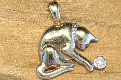 Diamond Accent Danbury Mint Gold Plated Silver Playing Cat Pendant - Stamped and Tested Sterling Silver - Diamond Studded Gold Cat