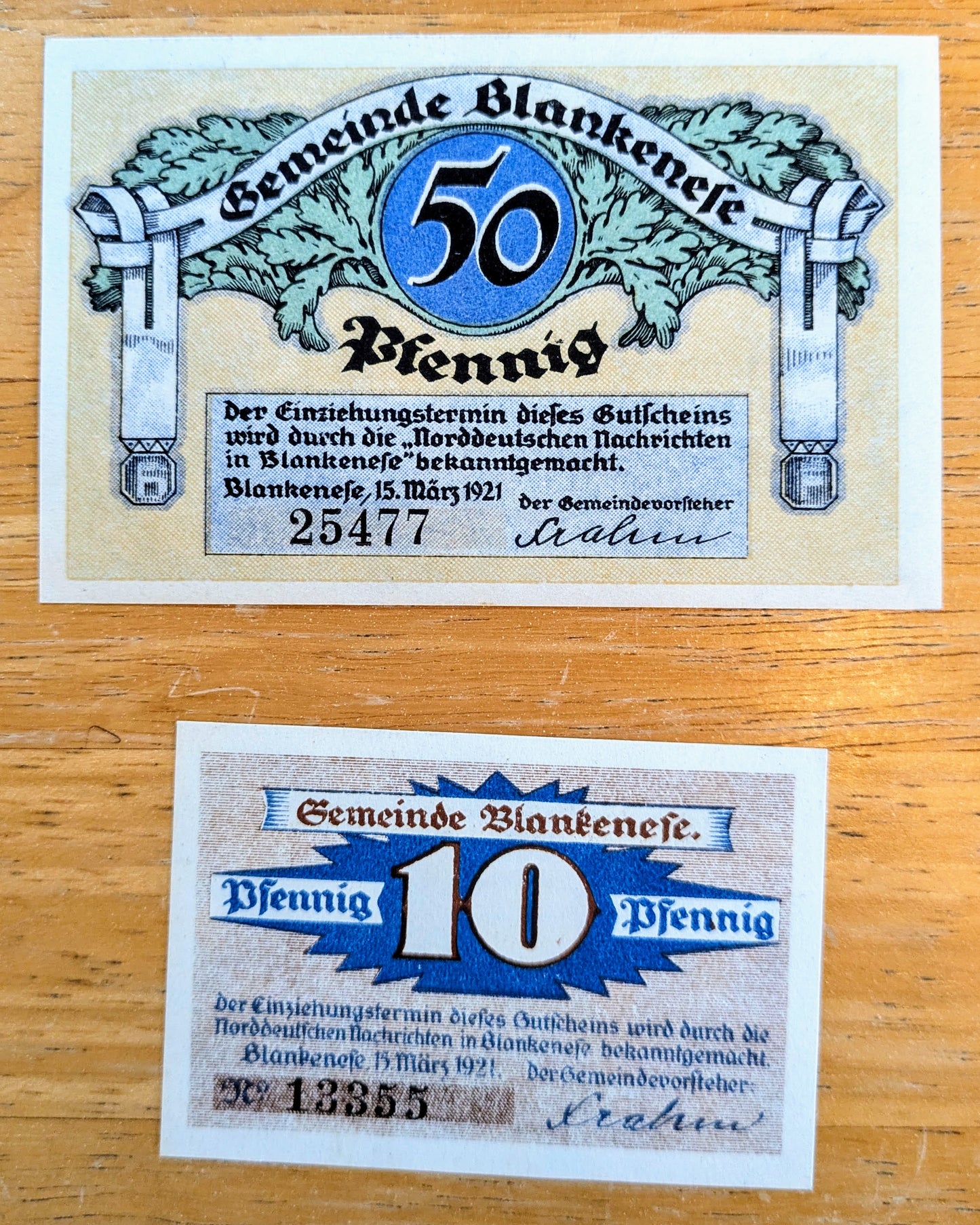 1921 Blankenese Germany 10 & 50 Pfennig Notgeld Set of 2 - Maritime Series - 1921 German Emergency Ten and Fifty Pfennig Notes Set