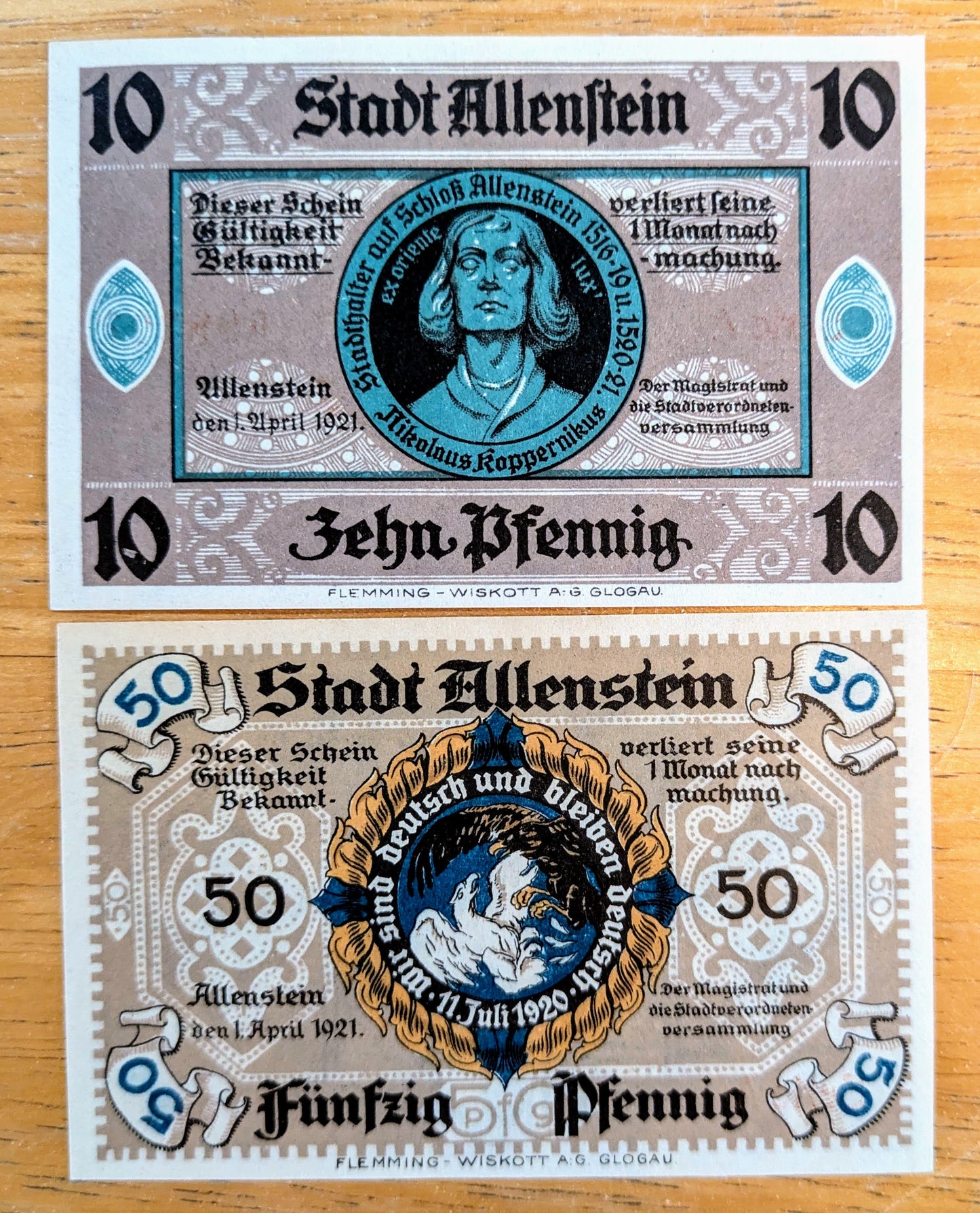 1921 Allenstein Germany 10 and 50 Pfennig Notgeld Complete Set - Series A - WWI German Emergency Currency - 1921 German Pfennig Note Set