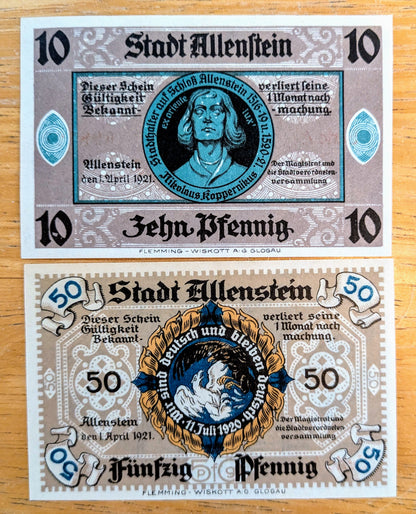 1921 Allenstein Germany 10 and 50 Pfennig Notgeld Complete Set - Series A - WWI German Emergency Currency - 1921 German Pfennig Note Set