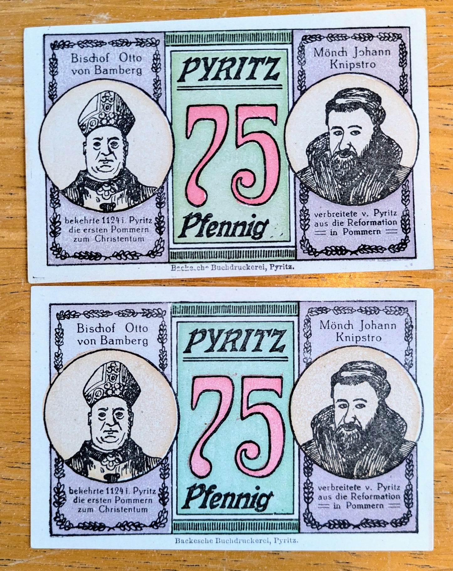 Lot of 2 1921 Pyritz Germany 75 Pfennig Notgeld - Bishop and Monk Note - 1921 German Emergency Seventy-Five Pfennig Notes