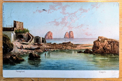 1900s Faraglioni Capri Italy Artist Postcard - Stengel & Co. Publisher - l'Faraglioni Rocks - Antique Capri Artist Signed Painting Postcard