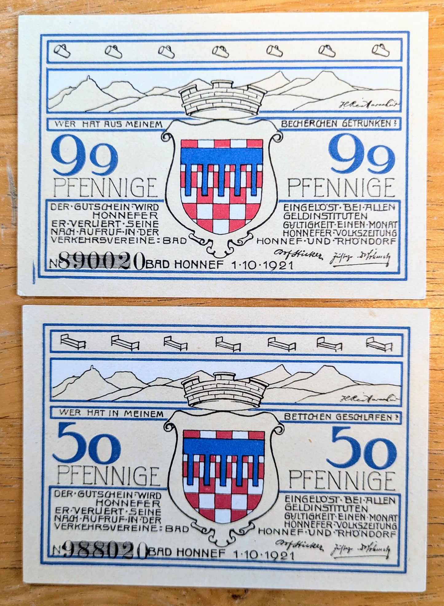 Unique 1921 Bad Honnef Germany 50 & 99 Pfennige Notgeld Set - Prussia State of Rhine - 1921 German Emergency Larger Pfennig Set