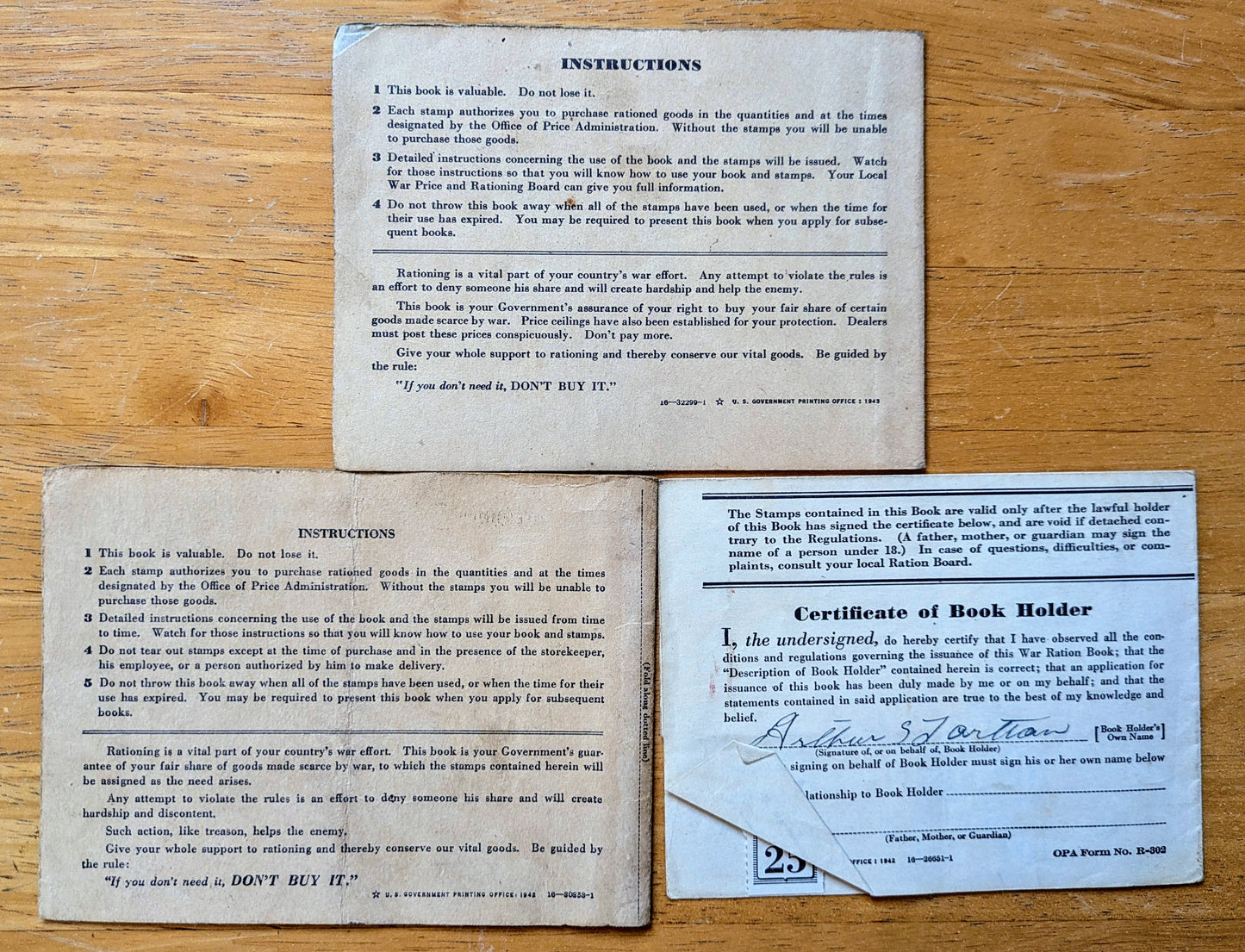 1942-43 World War II Ration Book Full Set - Books 1, 2, 3 - All Same Person - 1942 Vintage War Ration Booklet Complete Set of Three