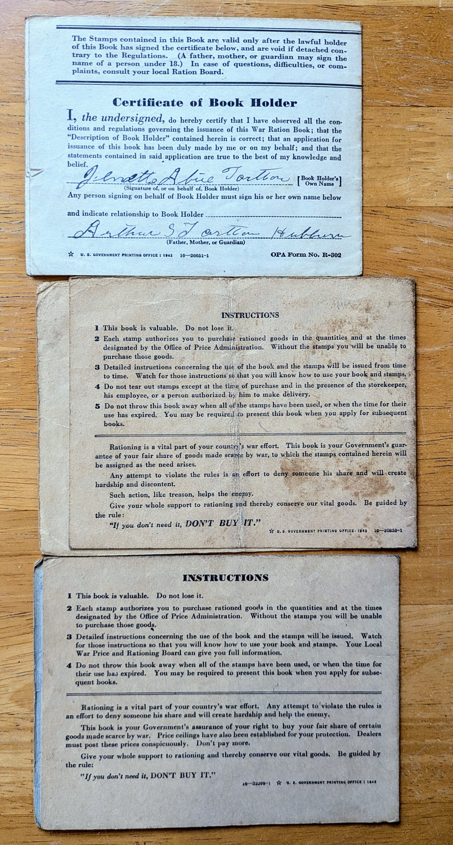 1942-43 World War II Ration Book Full Set - Books 1, 2, 3 - All Same Person - 1942 Vintage War Ration Booklet Complete Set of Three