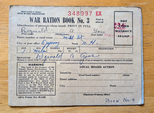 1943 World War II Ration Book No. 3 with Stamps - Most Stamps Included - 1943 Vintage War Ration Booklet Number Three