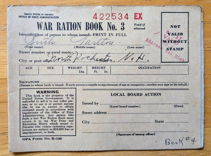 1943 World War II Ration Book No. 3 with Stamps - Most Stamps Included - 1943 Vintage War Ration Booklet Number Three