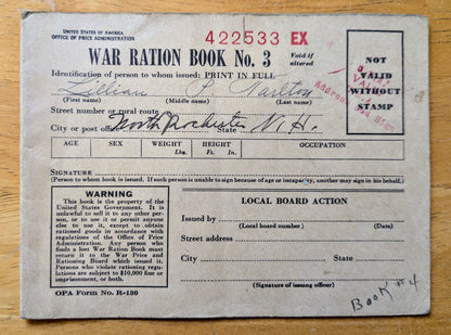 1943 World War II Ration Book No. 3 with Stamps - Most Stamps Included - 1943 Vintage War Ration Booklet Number Three