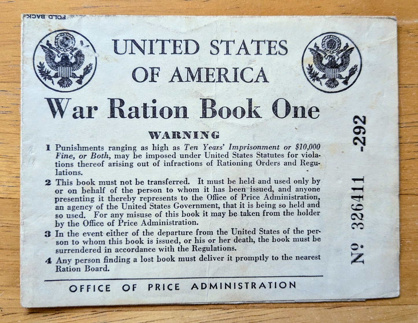 1942 World War II Ration Book No. 1 - With or Without Stamps - 1942 Vintage War Ration Booklet Number One