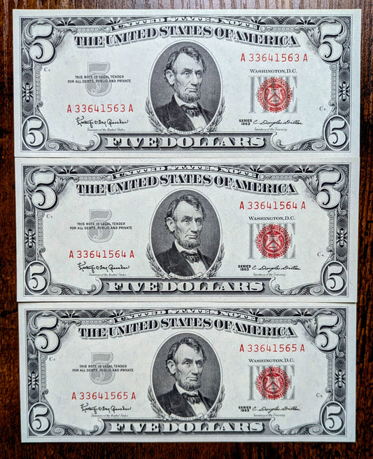 1963 Red Seal 5 Dollar Legal Tender Notes Trio - UNC - Consecutive Serial Numbers - Set of 3 1963 Five Dollar Legal Tender Notes - Fr.1536