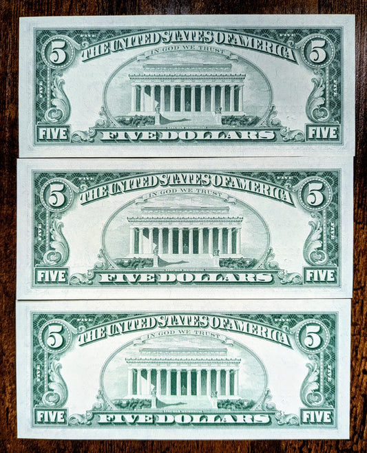 1963 Red Seal 5 Dollar Legal Tender Notes Trio - UNC - Consecutive Serial Numbers - Set of 3 1963 Five Dollar Legal Tender Notes - Fr.1536