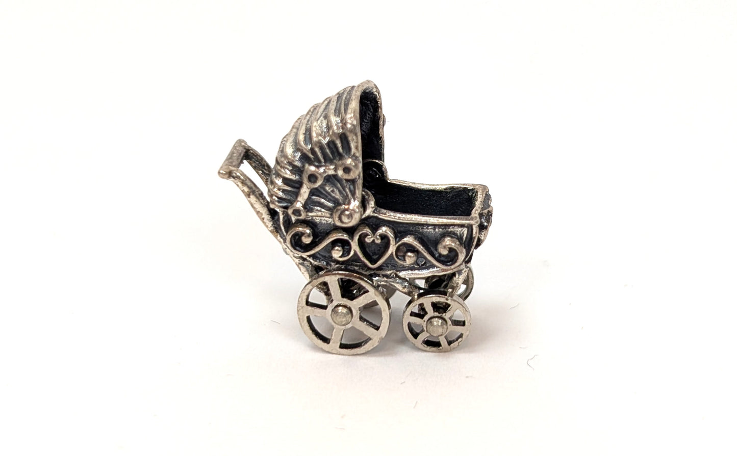 Sterling Pram Charm - 3D, Moving Stroller Charm - Intricate Design, Beautiful Piece - Silver Baby Carriage Pendent / Baby Carriage Bracelet Charm