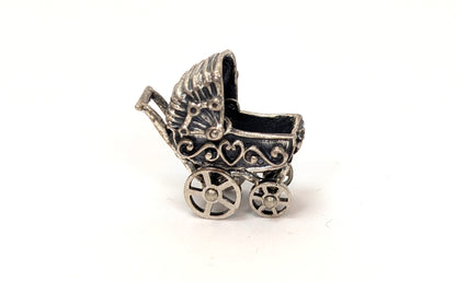 Sterling Pram Charm - 3D, Moving Stroller Charm - Intricate Design, Beautiful Piece - Silver Baby Carriage Pendent / Baby Carriage Bracelet Charm