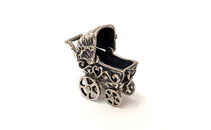 Sterling Pram Charm - 3D, Moving Stroller Charm - Intricate Design, Beautiful Piece - Silver Baby Carriage Pendent / Baby Carriage Bracelet Charm