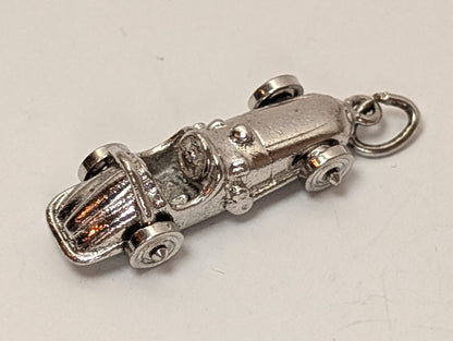 Vintage Moveable Race Car Sterling Silver Charm - Antique Sterling Silver Race Car Pendant